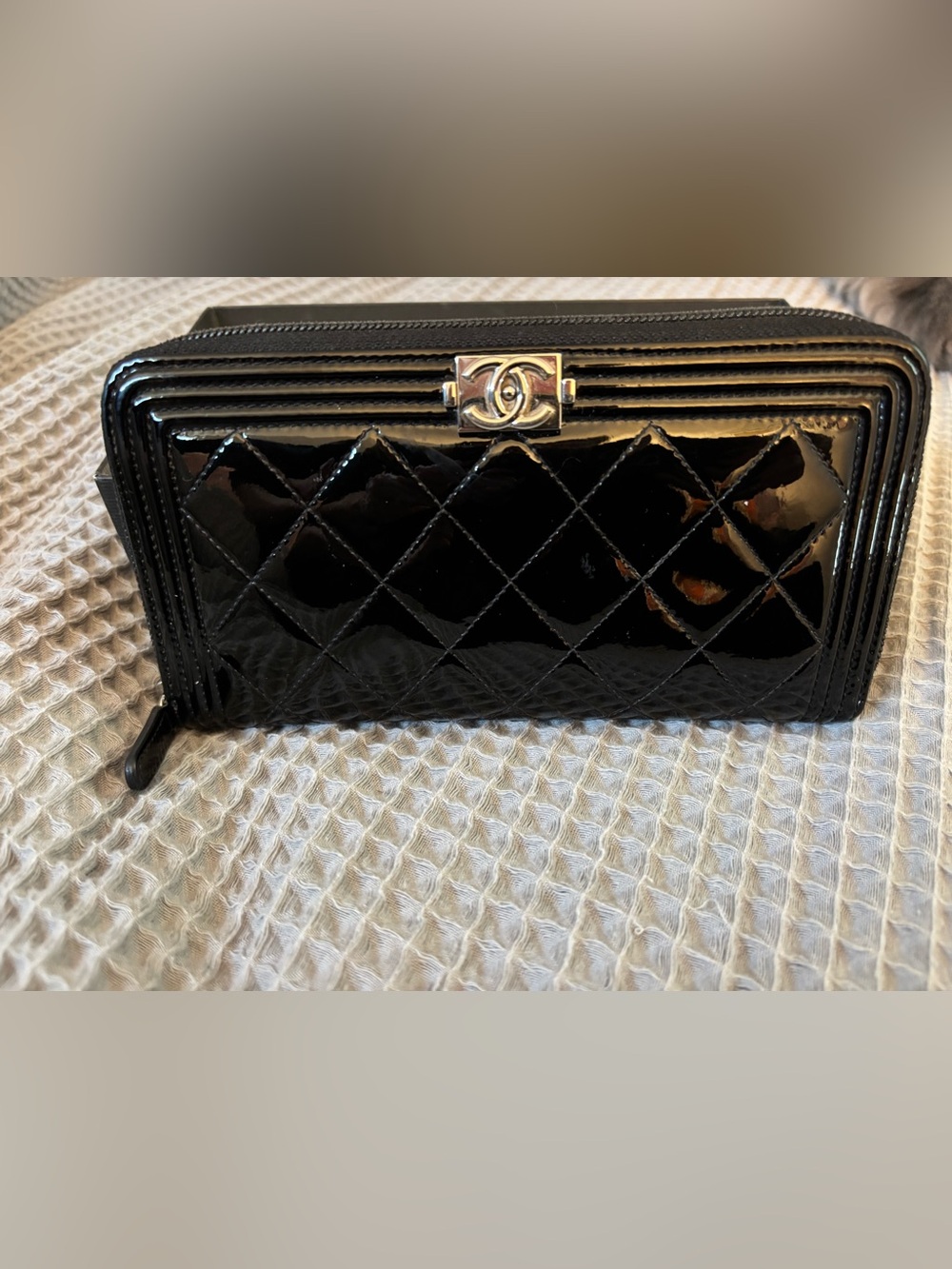Authentic CHANEL Black Patent Quilted Wallet with Silver CC